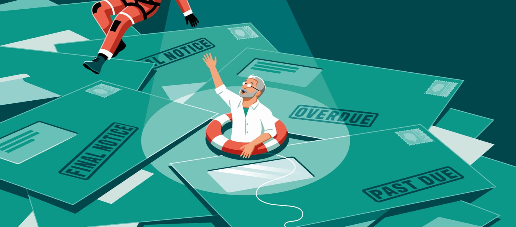 An illustration depicting a man drowning in bills but about to be rescued, to represent financial help | Eliot Wyatt